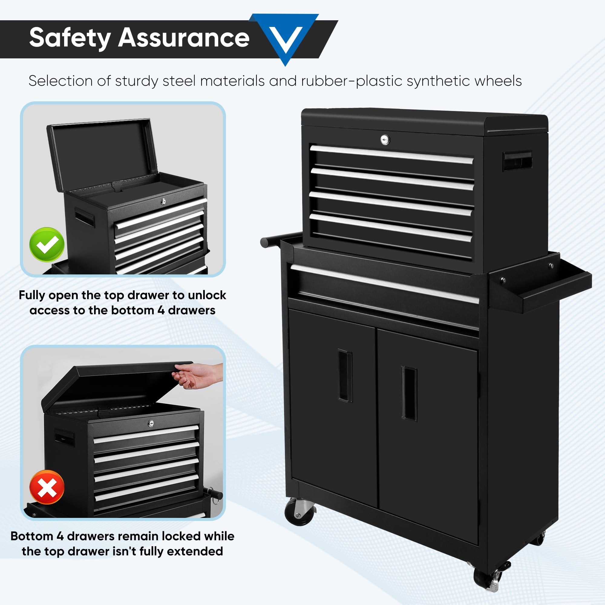 Steelite  26-Inch Tool Chest & Storage Cabinet, 5 Drawers Rolling Tool Chest with Detachable Top Tool Box for Garage Warehouse Workshop, Rolling Garage Organizer with Handle and 6 Hooks