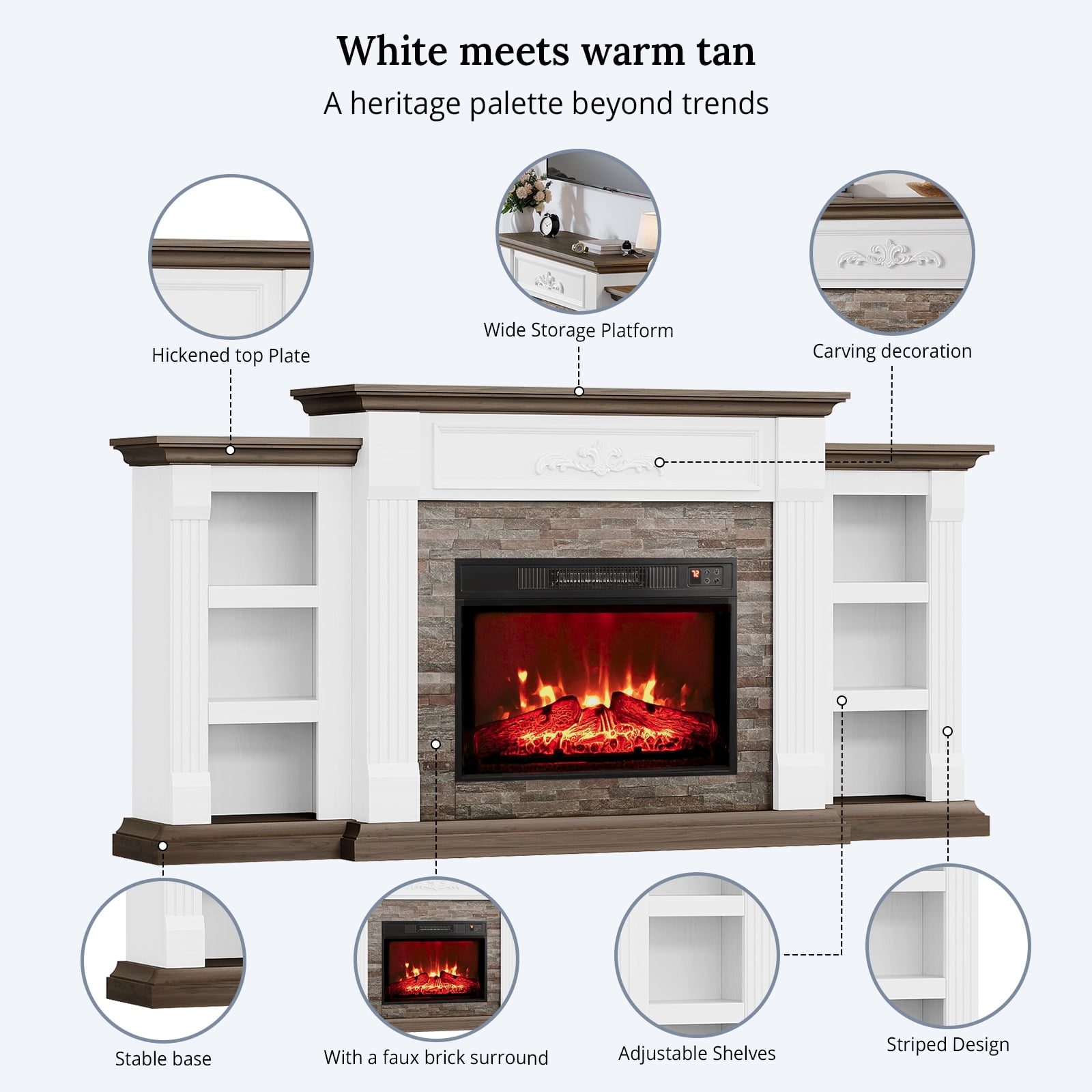 LGHM 72" Fireplace TV Stand for 75 inch 80 inch TV, Electric Fireplace with Mantel, Farmhouse Entertainment Center with 23" Electric Fireplace, White Brown