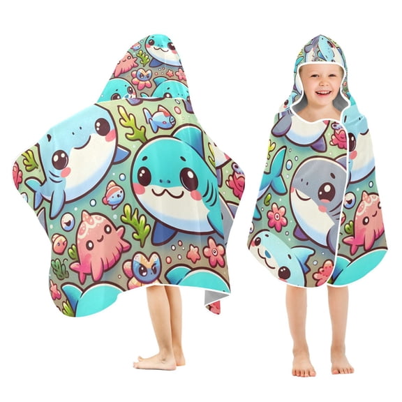 Cute Whale Kids Hooded Beach Towel Baby Bath Poncho Towels with Hood Absorbent 50"x23.5" for Pool Swimming