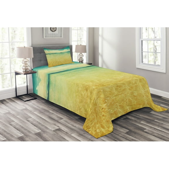 Ambesonne Beach Quilted Bedspread Set 2 Pcs, Vintage Grunge Sea View, Twin Size, Earth Yellow Turquoise