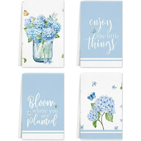 Blue Hydrangea Floral Dish Towels Kitchen Towels, Blue Flower 18 x 26 inch Seasonal Tea Hand Towels, Decorative Spring Summer Kitchen Bathroom Decor Set of 4