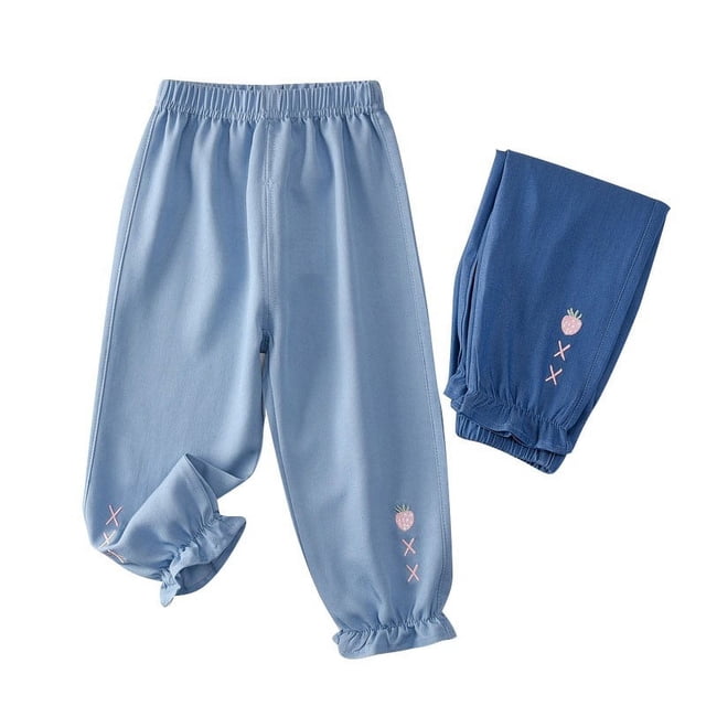 2-8Y Toddler Baby Girl Casual Pants Rabbit Embroidered Print Spring Summer Lightweight Denim Style Long Pants Dark Blue