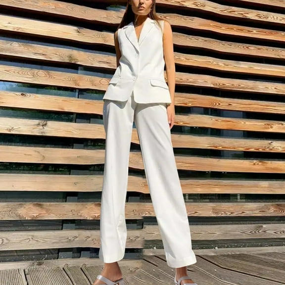 SDNall Womens Summer Clothes, Pants for Women, Pants for Women Casual Summer, Fashion Women Summer Solid Casual Sleeveless  Pant Suit Set, Suit for Women, Pants Suits for Women, Suit Set for Women