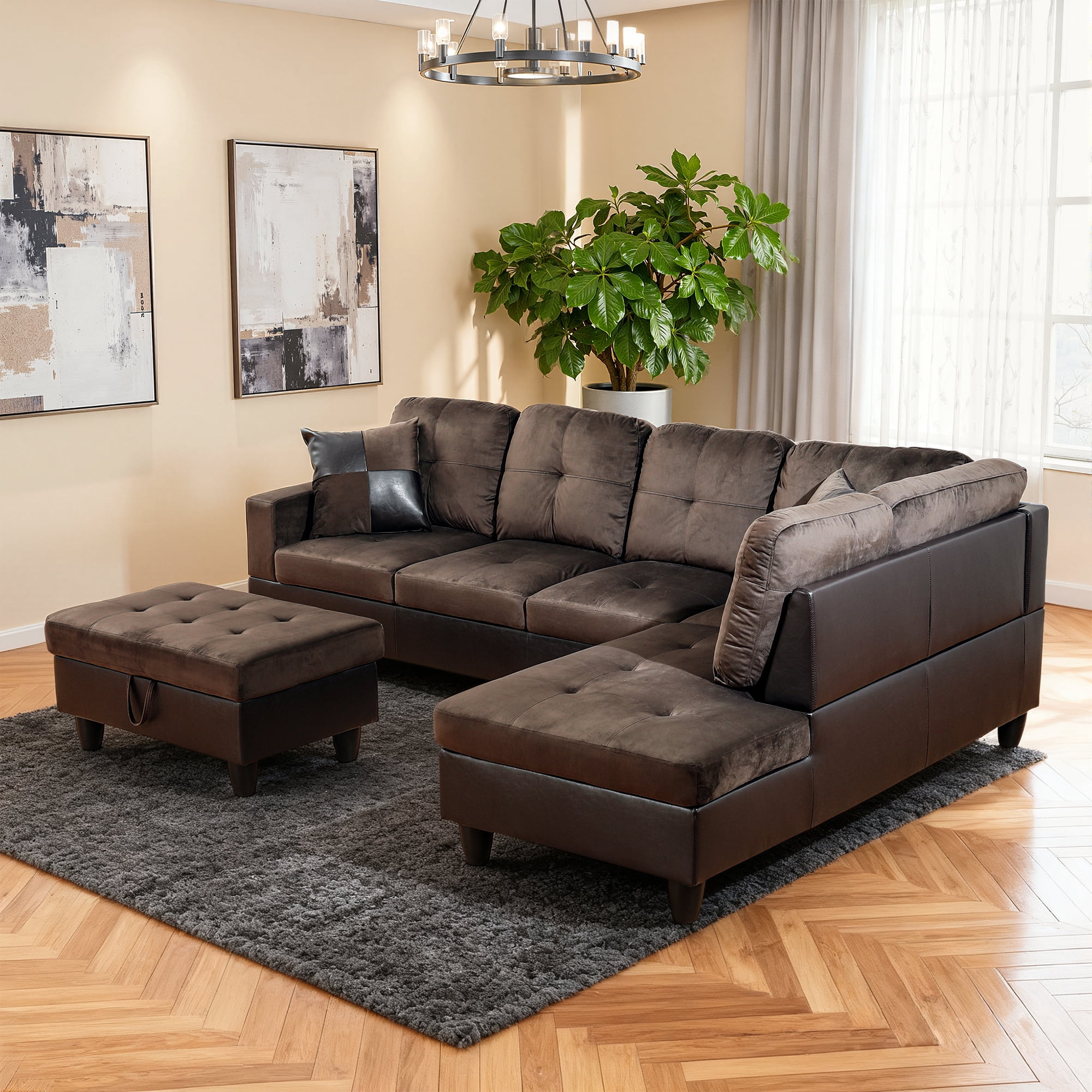 MAYEERTY 103.5" Modern Flannel PVC 3-Piece Couch Living Room Sofa Set，Dark Brown
