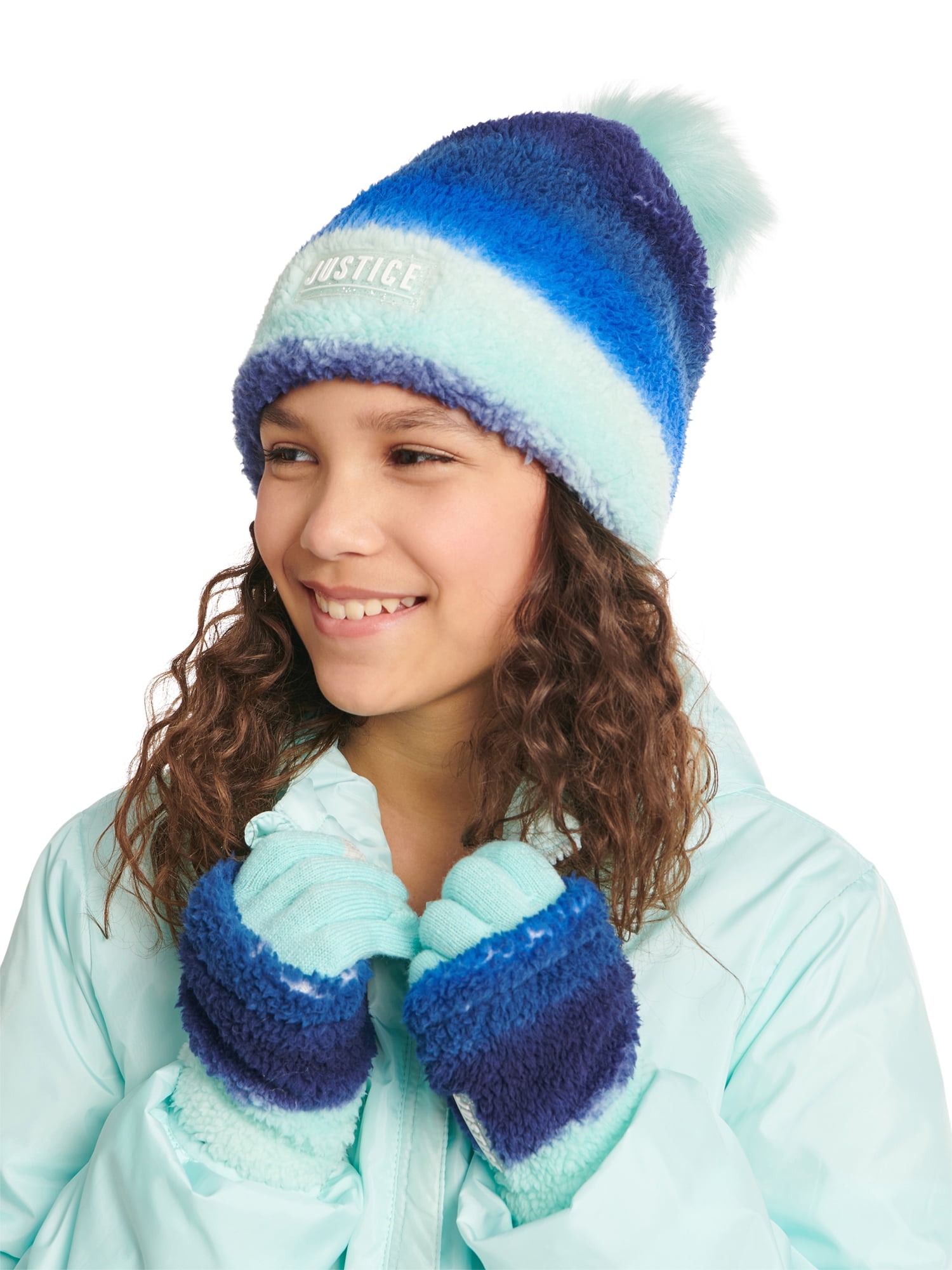 Justice Girls Beanie with Pom and Gloves, 2Piece Cold Weather Set, One