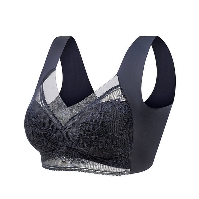 Sujetador de encaje sexy de talla grande con copa fija en la espalda, fino y fruncido, sin costuras, antiflacidez para mujer