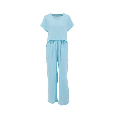 

Sunisery Women 2Pcs Casual Sleepwear Outfit Short Sleeve Solid Color Ribbed Top and Elastic Pant Soft Loose Loungewear Pajamas