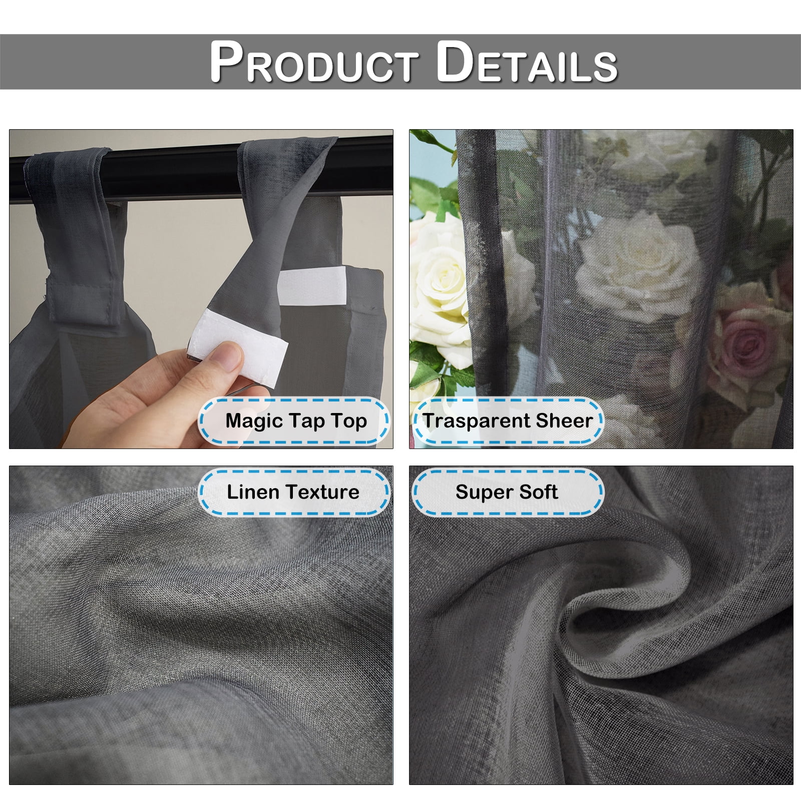 Lapalife Outdoor Sheer Curtains for Patio Waterproof, Sticky Tab Top Voile Sheer Drapes Indoor Outdoor Deck, 1 Panel, 52"x 96", Dark Gray