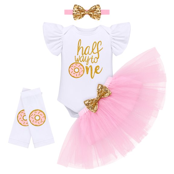 IBTOM CASTLE Baby Girls Donut One Half 1st/2nd Birthday Outfit Sweet Romper Tutu Dress Leggings Princess Skirt Clothes Set 6 Months Donut Gold-half way to one