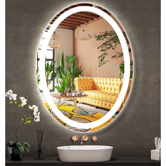 LED Bathroom Mirror 28 x 36 Inches Oval Vanity Bathroom Mirror for Wall-Mounted with Lights Anti-Fog & 3 Colors Stepless Dimmable