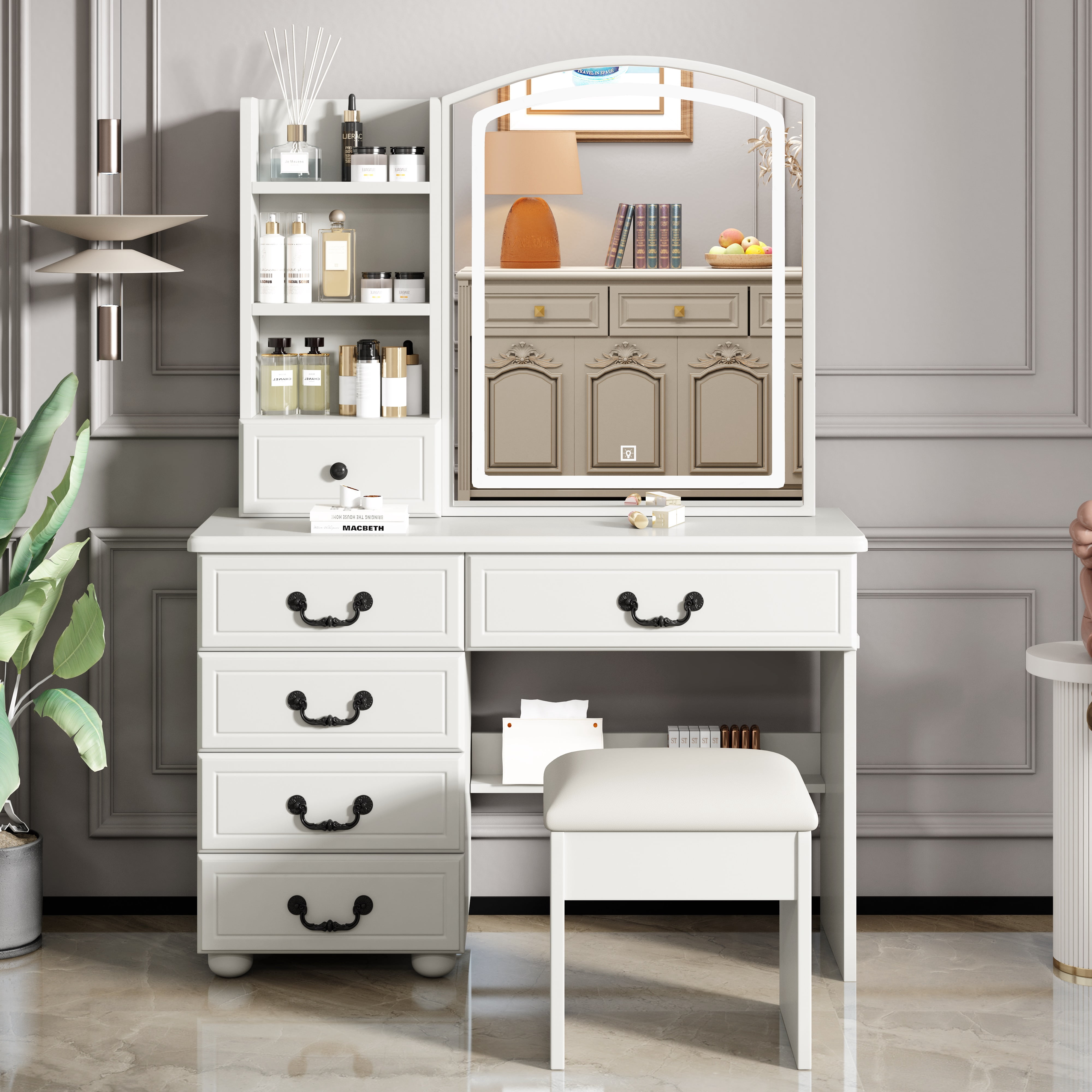 Mintazer Vintage Makeup Vanity Table with Arched LED Mirror, 5 Drawers & Open Side Shelves, Dressing Table with Cushioned Stool & Flip Storage Mirror Cabinet for Bedroom Apartments, White