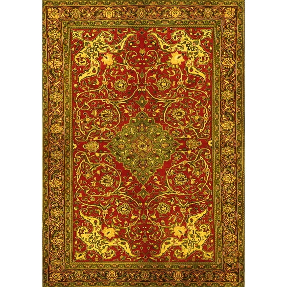 Ahgly Company Machine Washable Indoor Rectangle Persian Yellow Traditional Area Rugs, 5' x 7'
