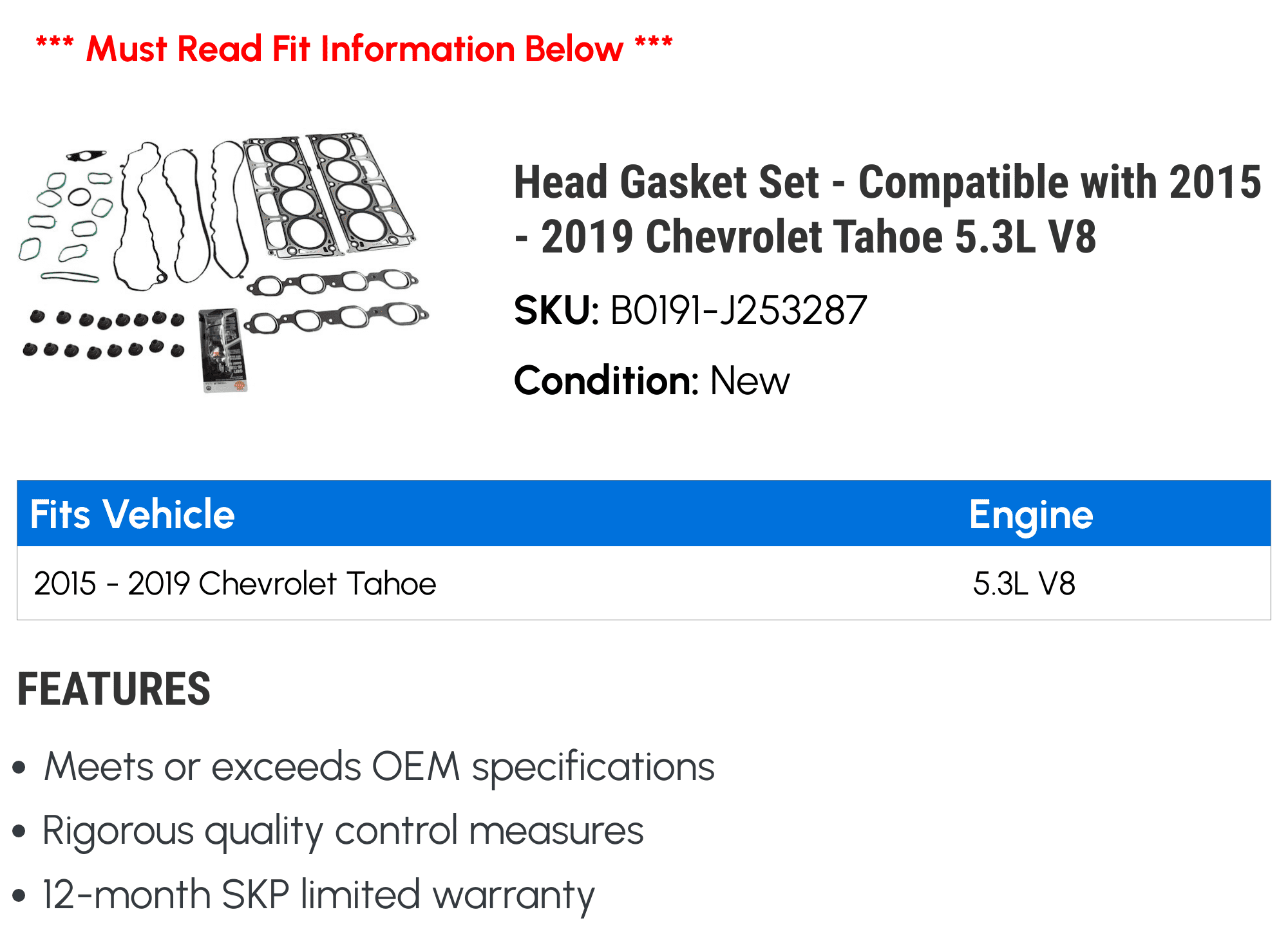 Head Gasket Set - Compatible with 2015 - 2019 Chevy Tahoe 5.3L V8 2016 2017 2018