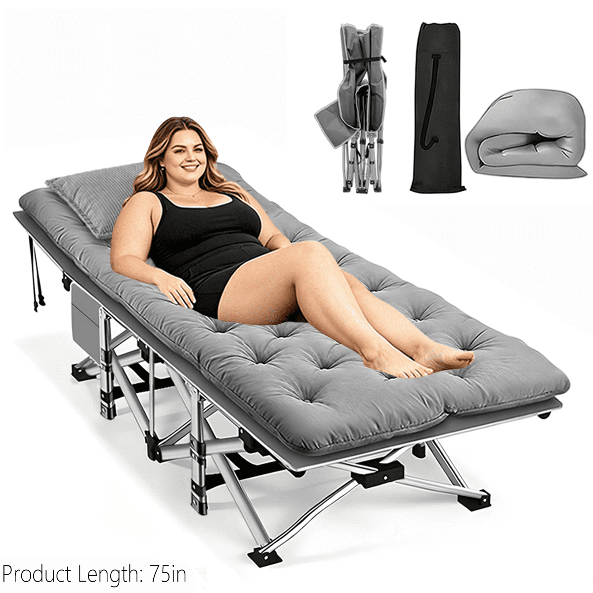 YWORVI 75-inch Comfort Folding Bed: A comfortable folding camping bed with an extra-large, thickened mattress. Portable guest bed with an ergonomic design and s