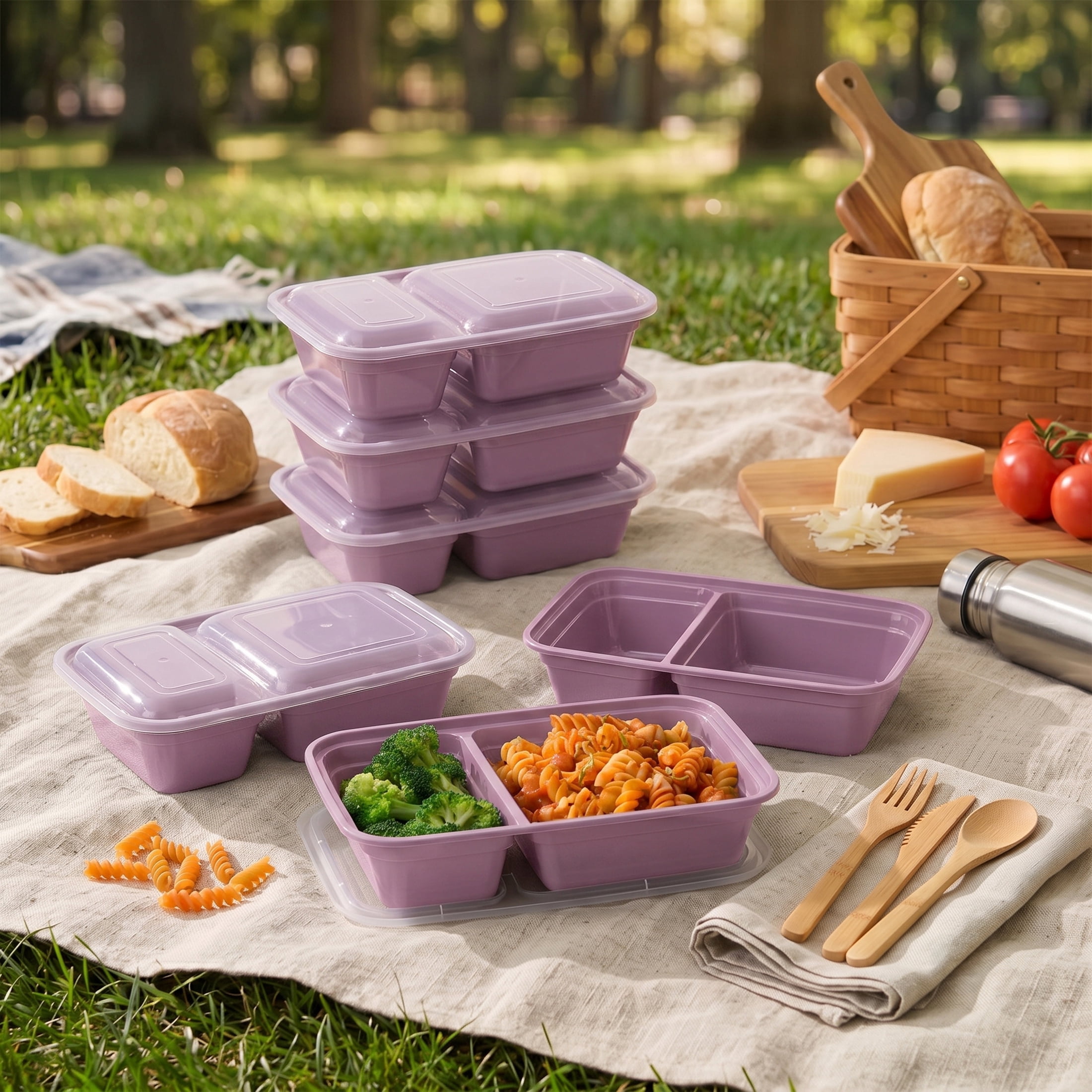 Mainstays 5-Pack 2-Compartment BPA-Free Plastic Meal Prep Food Storage Containers, 0.9L, Lilac Bloom