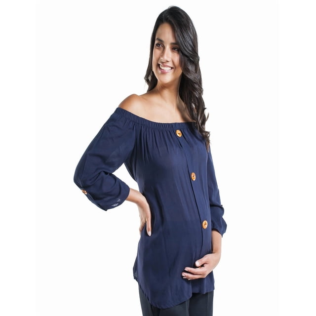 Blusa Maternidad Off Shoulder Rayón Fresca Cómoda Ropa Embarazo Blusa Mujer Versátil Color Azul Marino
