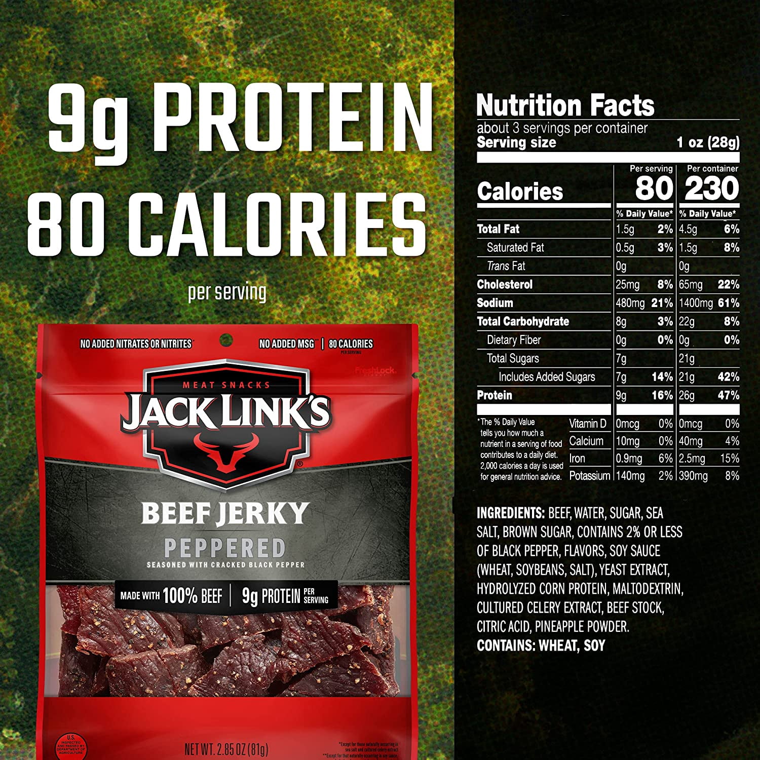 Jack Link's Beef Jerky Peppered, Meat Snack, 2.6Oz