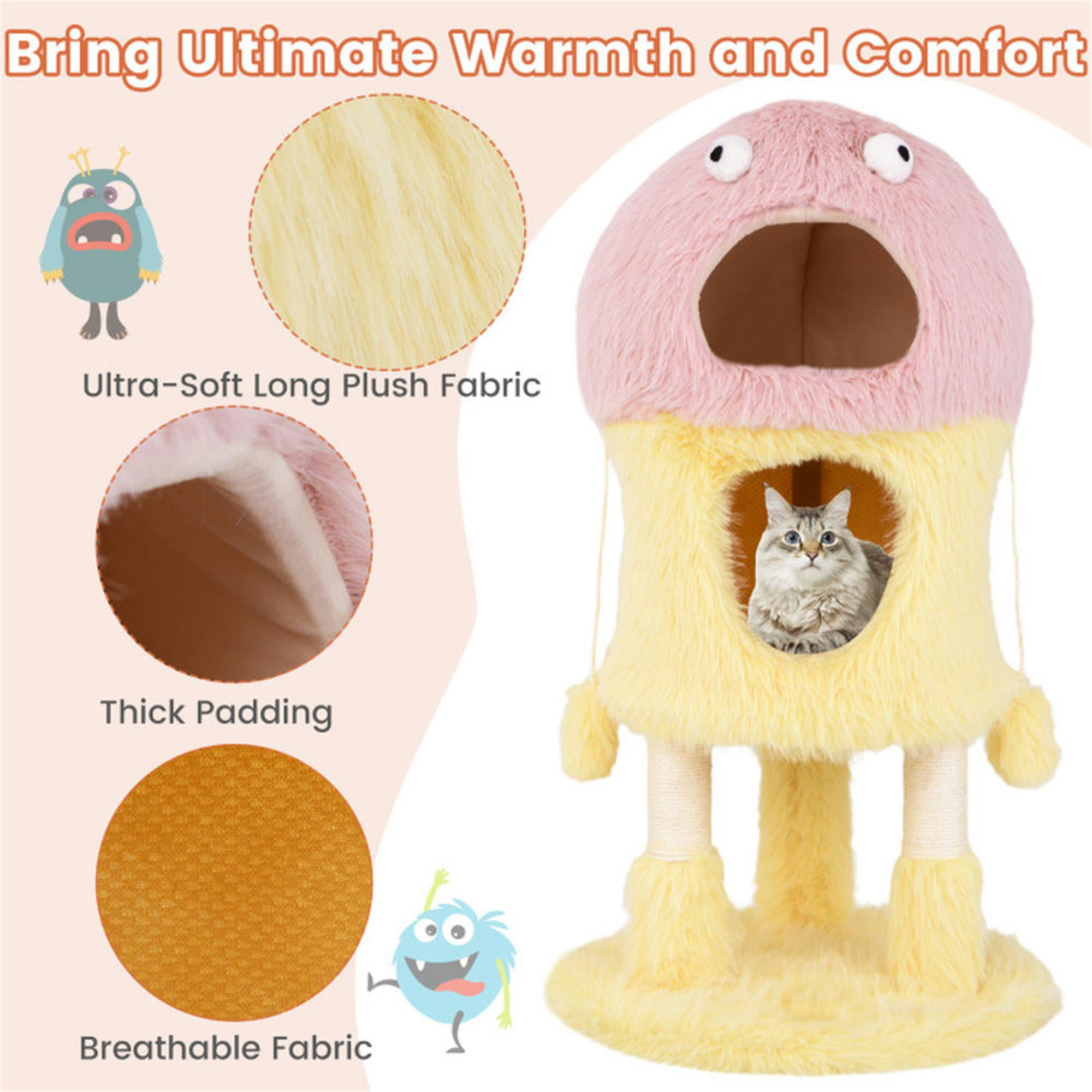 Kadyn 37" Monster-Themed Cat Tree Tower with 2 Condo, Kitten Plush Habitat with Scratch Posts Toy Cat Tree House, Yellow