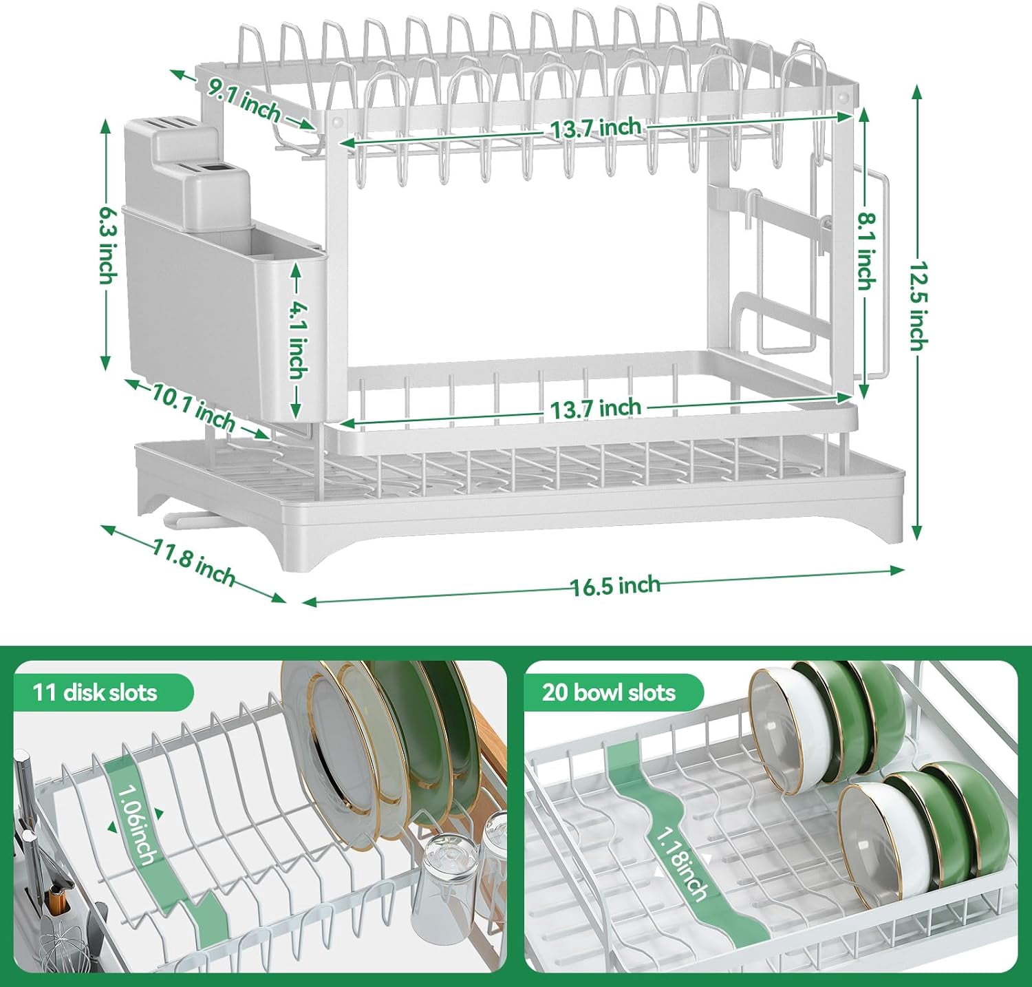Auto Beyond Large Dish Drying Rack, 2 Tier Dish Rack for Kitchen Counter, Removable Large Capacity Dish Drainer Organizer with Utensil Holder, White