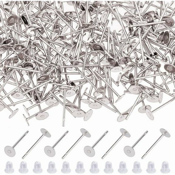 400Pcs Stainless Steel Earrings Posts Flat Pad Earring Studs 4mm Round Earring Stud Blanks Earring Pin with 400Pcs Ear Nuts for Jewelry Making Silver