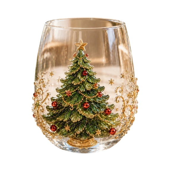 Stemless Wine Glass Clear Glass Christmas Tree Design Gold Glitter Accents Holiday Drinkware