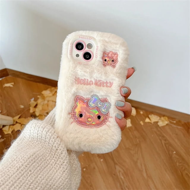 Cute Cartoon Anime Role Hello Kitty Plush Phone Case for IPhone 11 12 13 14 15 Pro Max Soft Lovely Fuzzy Anti-fall Back Cover RJ