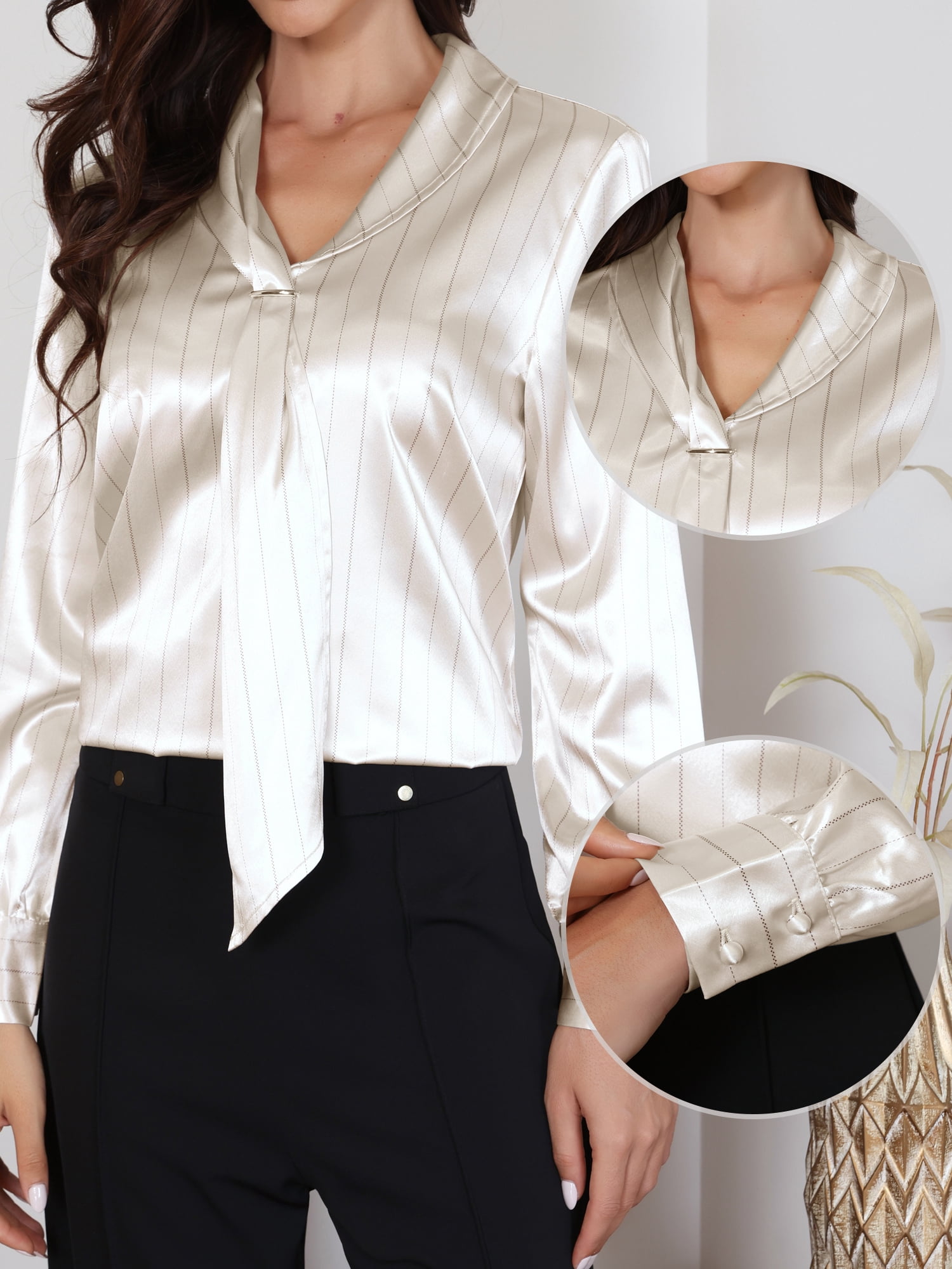 DARING DIVA Women's Satin Blouses Striped Long Sleeve Tie Neck Business Tops S Apricot