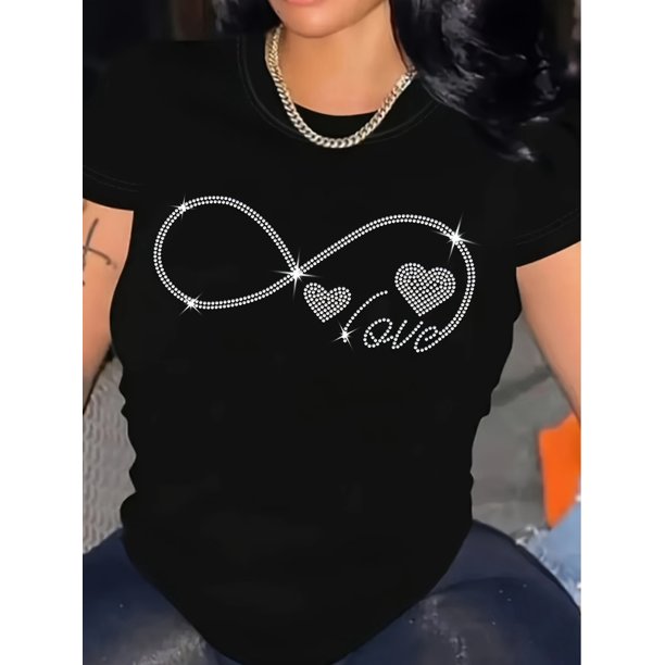 Women's Plus Size Casual T-Shirt with Rhinestone Detail - Comfy Polyester Blend, Crew Neck, Short Sleeve, Geometric Pattern - Perfect for Spring/Summer, Embroidery, Loose Fit