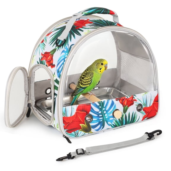 Portable Bird Travel Carrier, Soft-Sided Parakeet Cage with Clear View Window, Ventilated Pet Bird Travel Bag with Perch, Lightweight Tropical Print Bird Carrier for Budgies, Parrots, Conures