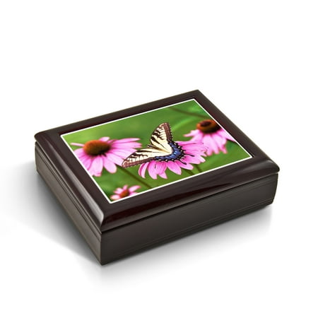 A Gentle Tiger Swallowtail Butterfly And Gerbera Daisies Tile Musical Jewelry Box - Happy Wanderer