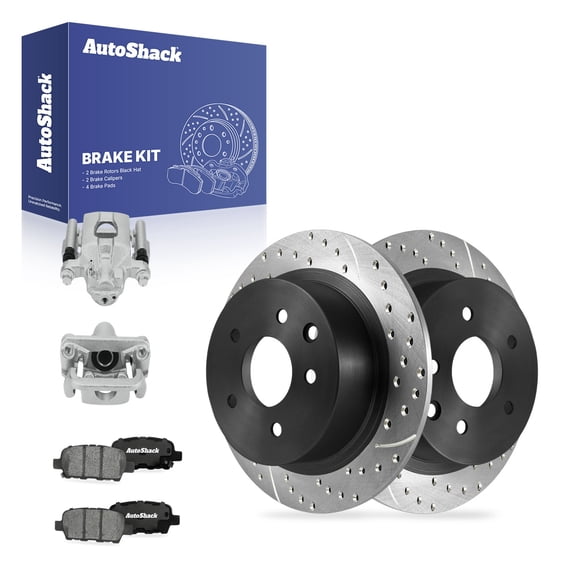 AutoShack Rear Solid Drilled & Slotted E-Coated Brake Rotors   Ceramic Pads   Calipers 8-PC Brake Kit Replacement for 2013-2019 Nissan Sentra 2011-2017 Nissan Juke ShadowGuard 11.48" (291.6 mm)