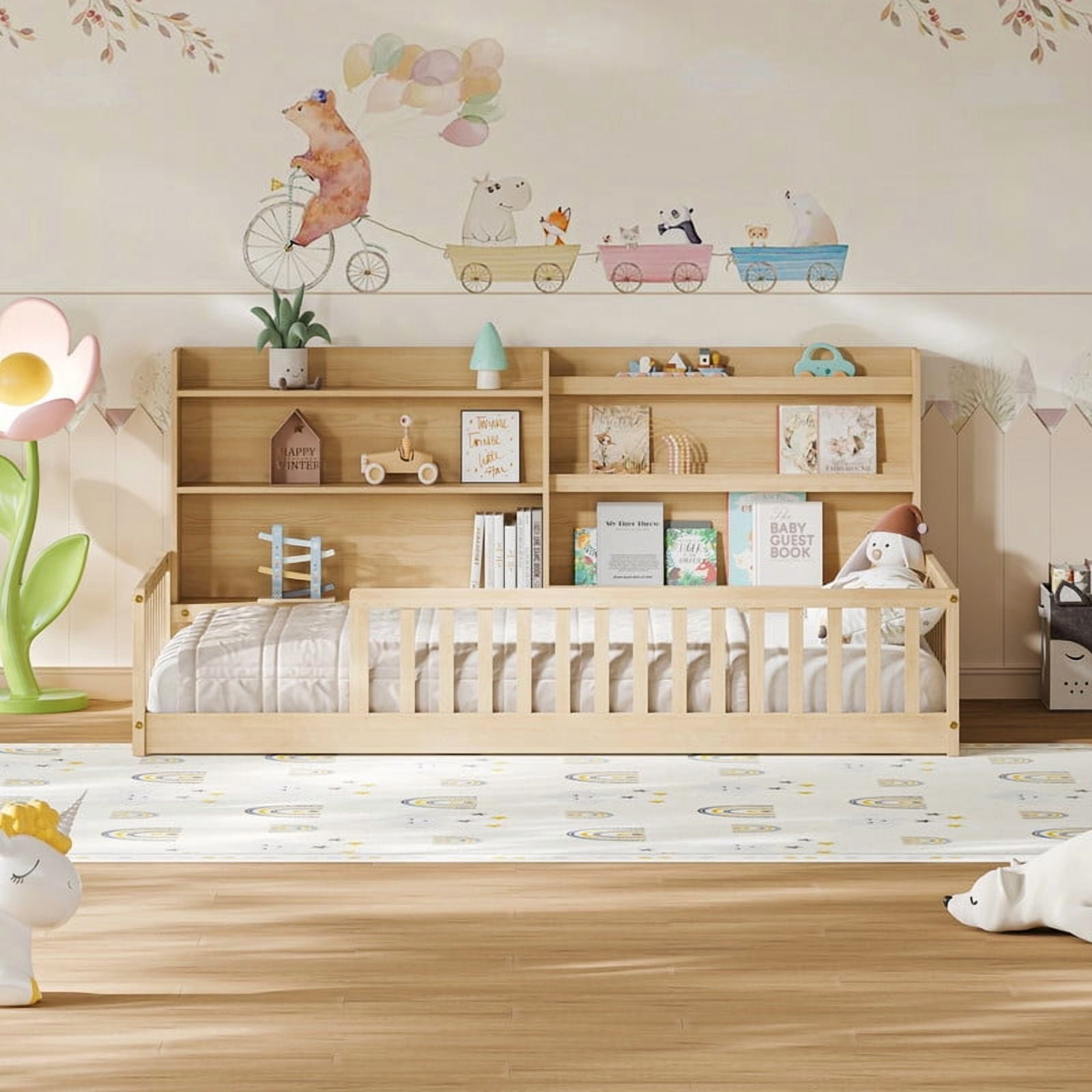 Twin Size Kids Montessori Floor Bed with Bookshelf & Safety Guardrail, Wood Low-Profile Platform Bed Frame with Slats