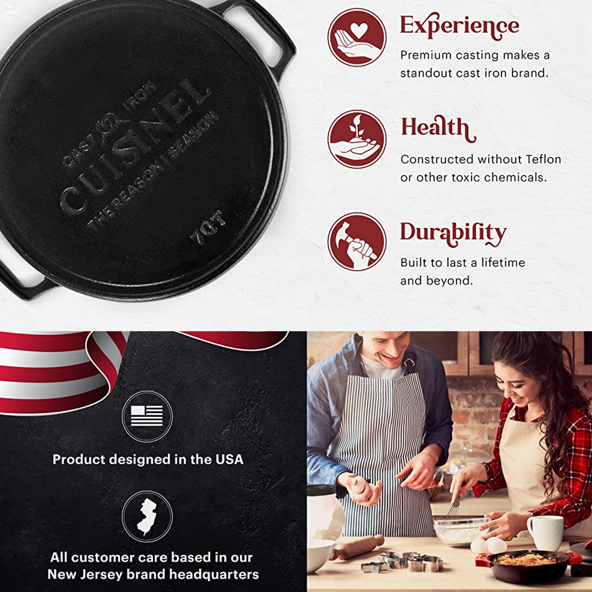 7 QT Cast Iron Dutch Oven, HaSteeL Large 2 in 1 Camp Pre-Seasoned Deep Pot  & Lid Skillet Pan, Heavy Thick 7 Quart Multiple Cookware with Feet for