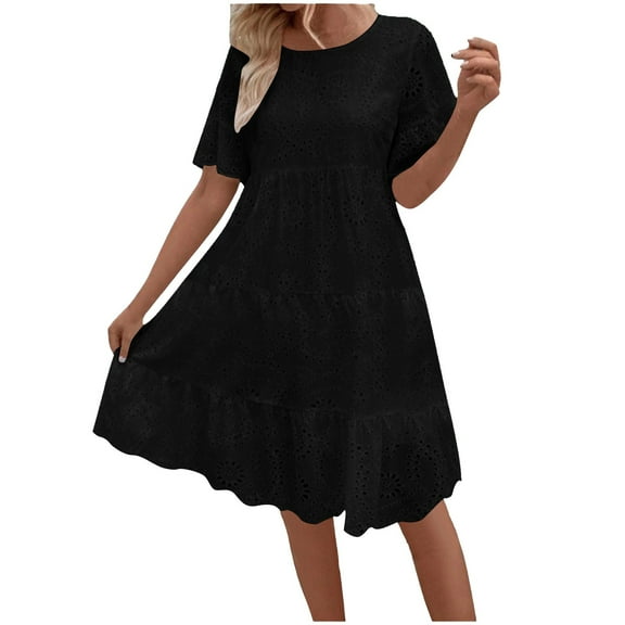 WMTBSRSW Women's Summer Dress Crewneck Neck Eyelet High Waist A Line Swing Short Party Dresses Loose Casual Ruffle Sleeve Comfy Dress