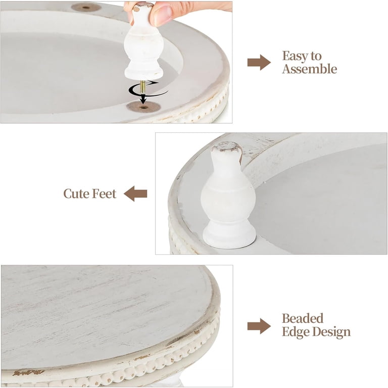 Hanobe Farmhouse Round Pedestal Tray, Whitewashed Wood photo 7