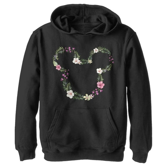 Boy's Mickey & Friends Mickey Mouse Flower Crown Silhouette Pull Over Hoodie Black Small