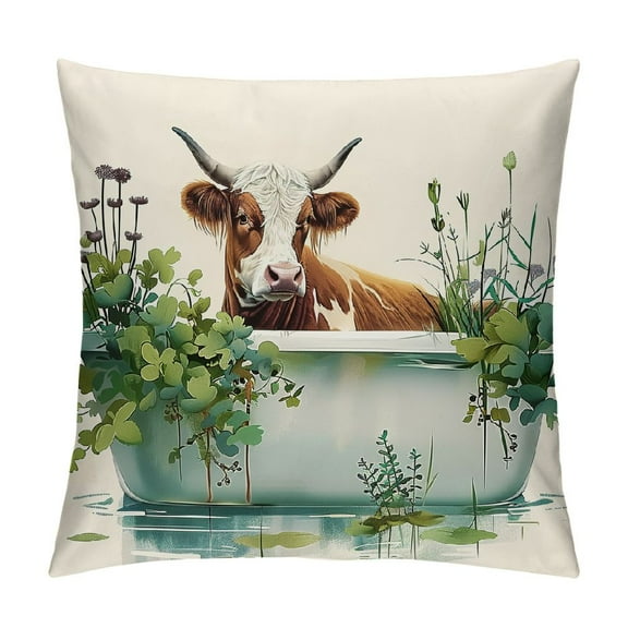 Creowell Pillow Covers Highland Cow Throw Pillows, Longhorn Cow Outdoor Pillowcase Farmhouse Botanical Animals Cushion Case Decor for Home Sofa Couch Bed PC-038 Short Plush Pillow Cover White