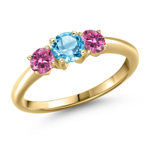 Gem Stone King 10K Yellow Gold Swiss Blue Topaz and Pink Moissanite Engagement Ring for Women | 1.11 Cttw | Round 5MM | Gemstone November Birthstone | Size 8