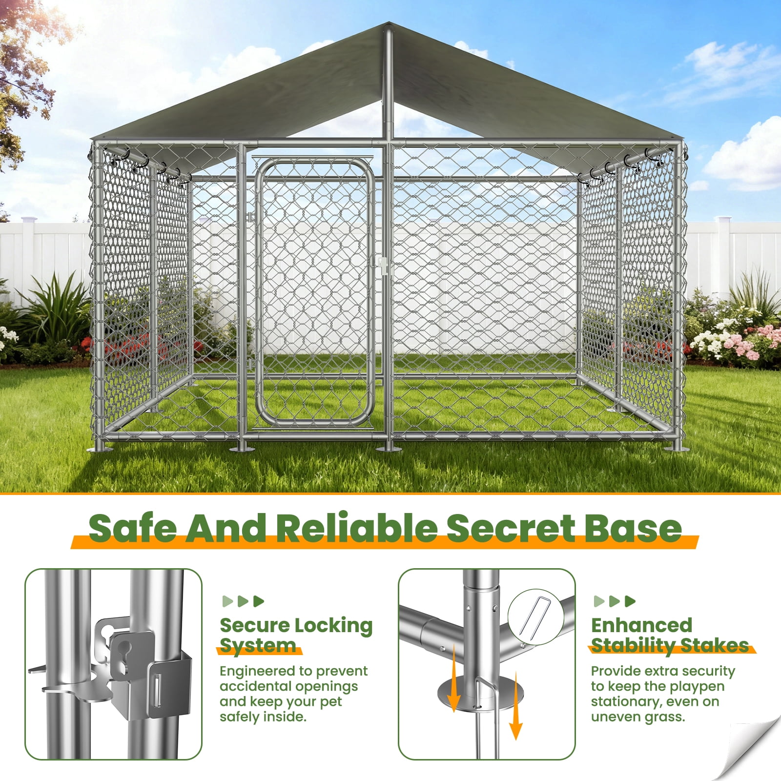 Ironovahome 7.8'x7.8' Outdoor Dog Kennel, Heavy Duty Galvanized Steel Metal Dog Pet Enclosure, with Water & UV-Resistant Proof Cover and Security Lock