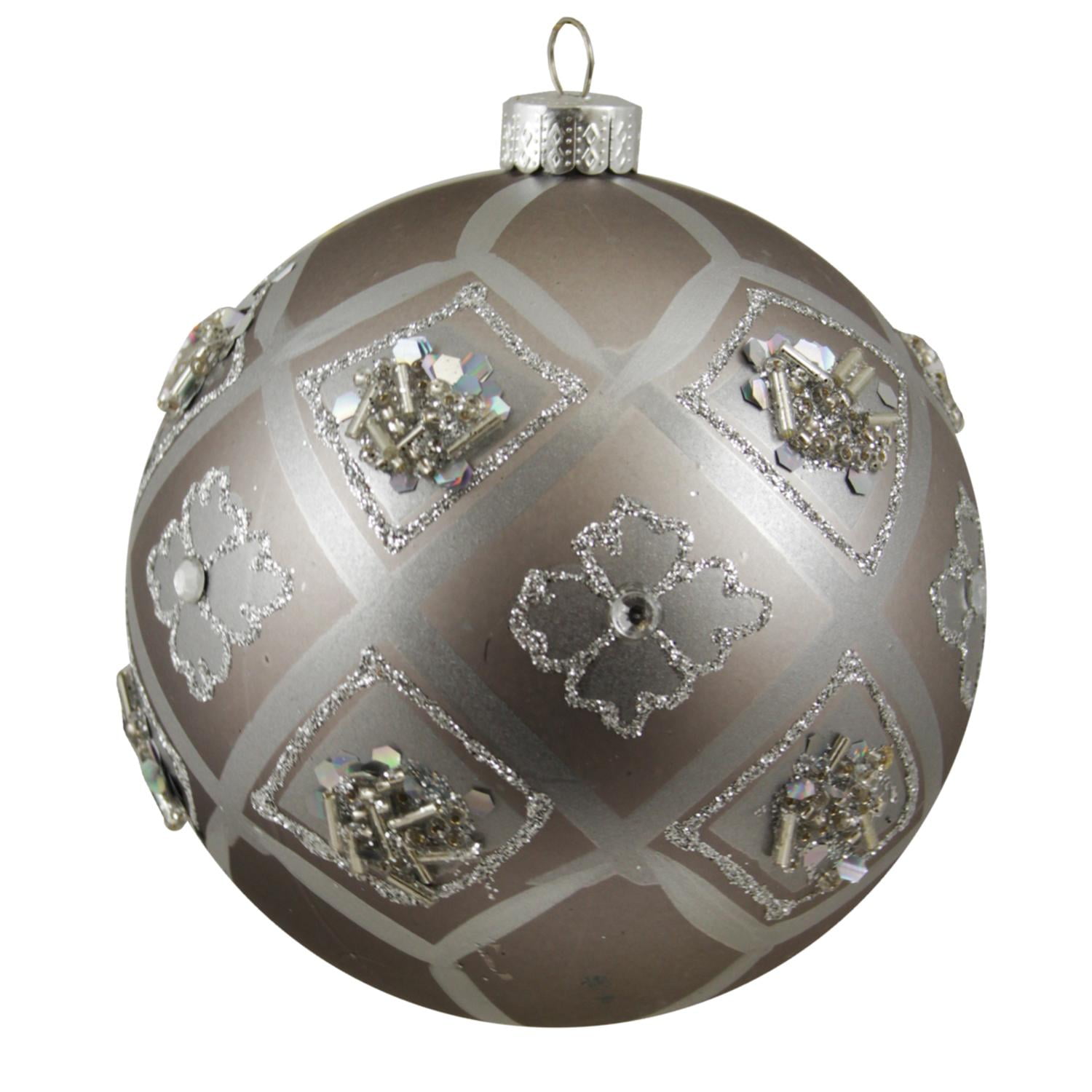 Gray Matte Jeweled Floral Shatterproof Christmas Ball Ornament 4