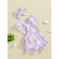 thumbnail image 3 of Bagilaanoe Newborn Baby Girl Summer Rompers Floral Print Fly Sleeve Bodysuits + Headband 3M 6M 12M 18M Infant Waffle One Piece Jumpsuit, 3 of 7