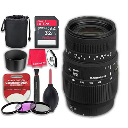 - Sigma 70-300mm f/4-5.6 DG Macro Lens for Canon EOS with 32GB Ultra Pro Speed Class 10 SDHC Memory Card + 3pc Filter Kit (UV-FLD-CPL) + Deluxe Sleeve + Microfiber Cleaning Cloth - International Version