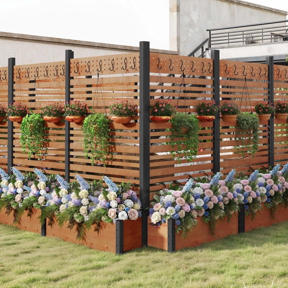 ModFusion 72"H × 42"W Wood Privacy Fence Panel with Hooks, No-Dig Metal Stakes, Anchors, Outdoor Privacy Screen for AC Units Patios Pool Areas, Rustic Brown and Black