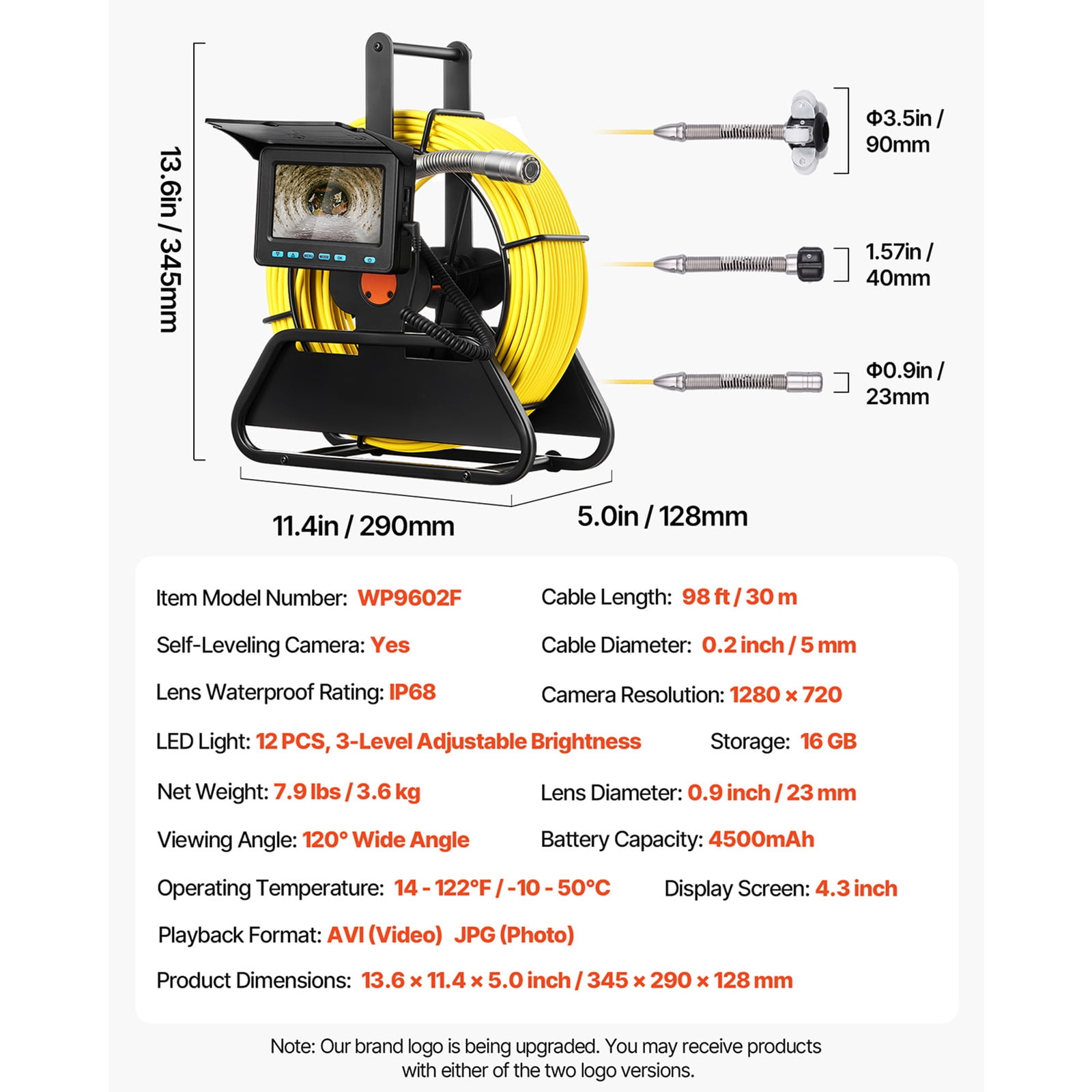 KFFKFF Sewer Inspection Camera, 98 ft/30m, Self-Leveling Drain Camera with 4.3" HD Screen, IP68 Waterproof Plumbing Camera with Lights - 12 LEDs & 16GB Card for Pipes and Ducts