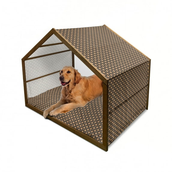 Brown Pet House, Spring Summer Time Orange Flowers Kitchen Living Room Design Art Print, Outdoor & Indoor Portable Dog Kennel with Pillow and Cover, 5 Sizes, Dark Brown Vermilion, by Ambesonne