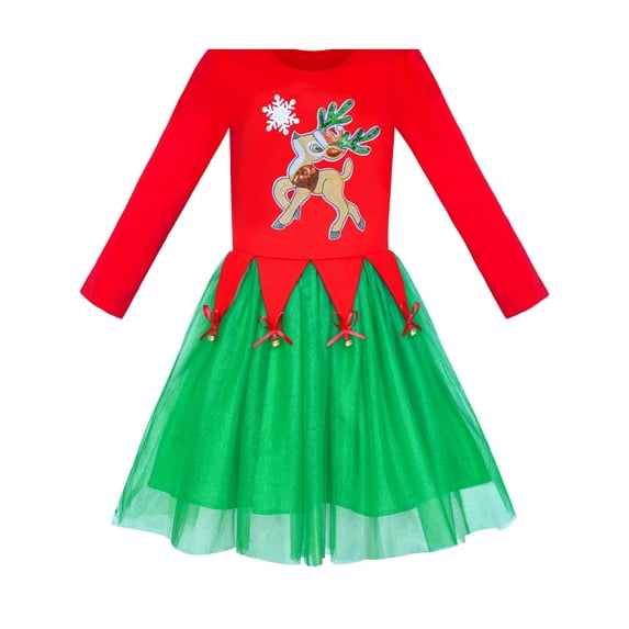 Girls Dress Christmas Reindeer Jingle Bell Long Sleeve 7 Years