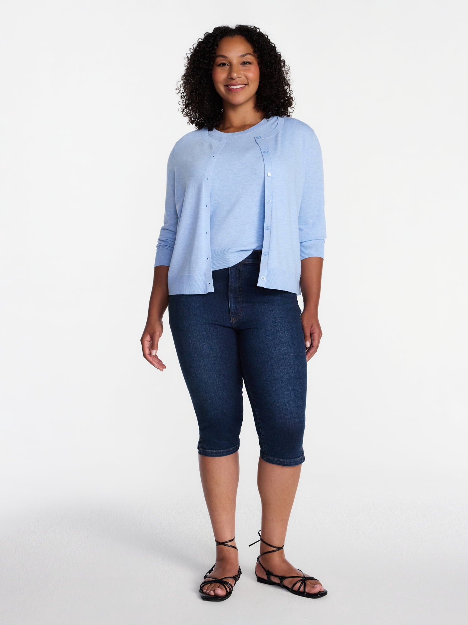 Time and Tru Women's Mid Rise Stretch Denim Capri Pants, 16.5" Inseam, Sizes 0-20