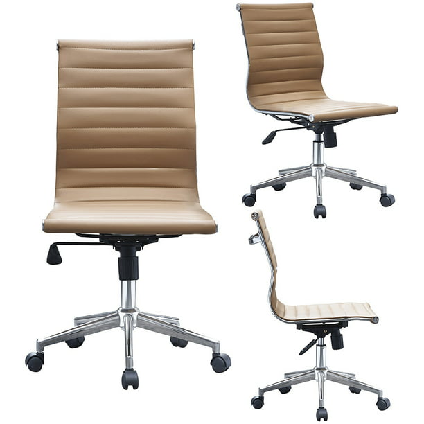 2xhome Tan Modern Mid Back Office Chair, Armless Leather Desk Chair No Wheels