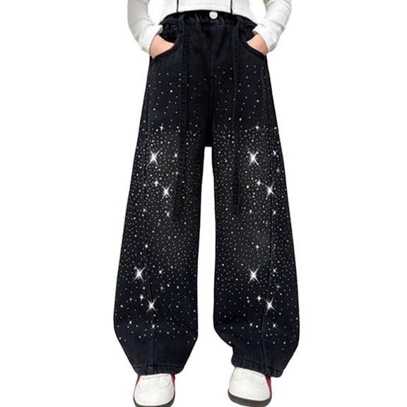 Weebloom Wide Leg Jeans For Little Girls Starry Rhinestone Denim Kids Casual Pants Denim Pants Black 6-7 Years