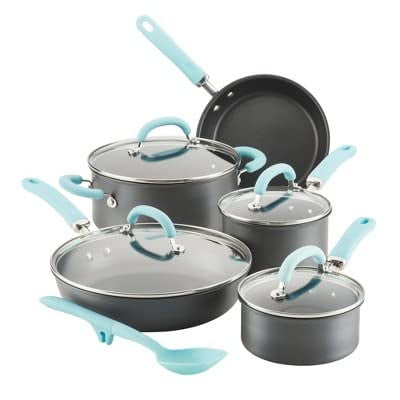 Rachael Ray Create Delicious Hard Anodized Nonstick Cookware Induction Pots and Pans Set 10 Piece - Gray with Light Blue Handles